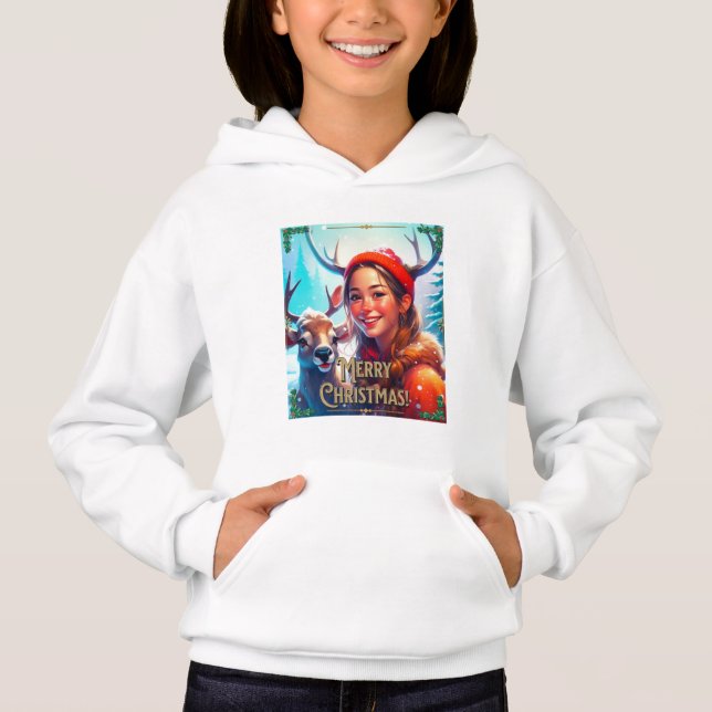 MERRY CHRISTMAS REINDEIN MIT GLÜCKLICHEM MÄDCHEN HOODIE (Vorderseite)