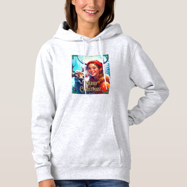 MERRY CHRISTMAS REINDEIN MIT GLÜCKLICHEM MÄDCHEN HOODIE (Vorderseite)
