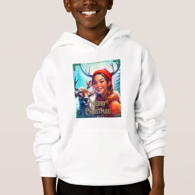 MERRY CHRISTMAS REINDEIN MIT GLÜCKLICHEM MÄDCHEN HOODIE (Vorderseite)