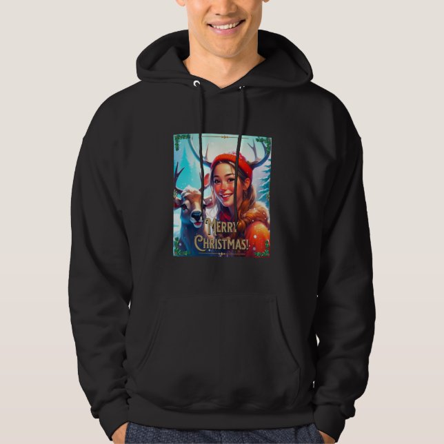 MERRY CHRISTMAS REINDEIN MIT GLÜCKLICHEM MÄDCHEN HOODIE (Vorderseite)