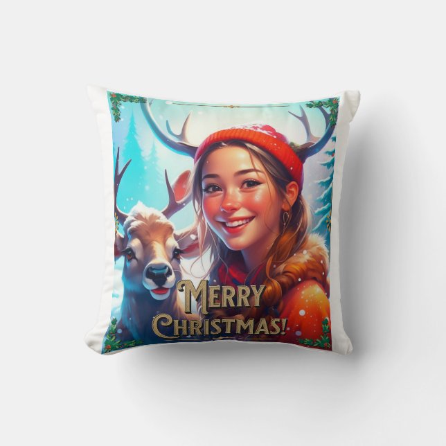MERRY CHRISTMAS REINDEIN MIT GLÜCKLICHEM MÄDCHEN KISSEN (Vorderseite)