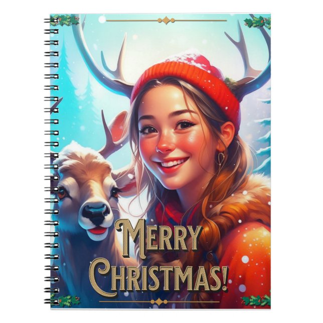 MERRY CHRISTMAS REINDEIN MIT GLÜCKLICHEM MÄDCHEN NOTIZBLOCK (Vorderseite)