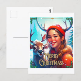 MERRY CHRISTMAS REINDEIN MIT GLÜCKLICHEM MÄDCHEN POSTKARTE