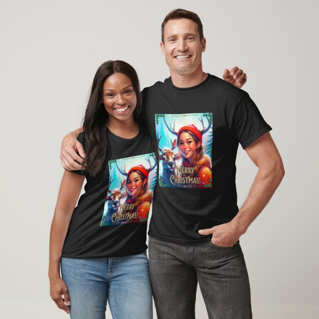 MERRY CHRISTMAS REINDEIN MIT GLÜCKLICHEM MÄDCHEN T-Shirt (Unisex)