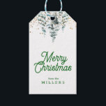 MERRY CHRISTMAS RETRO TYPOGRAPHY SNOWY BÄUME GESCHENKANHÄNGER<br><div class="desc">Frohe Weihnachten Retro grüne Typografie auf einem weißen Hintergrund und einem schneebedeckten Weihnachtsbaumakzent.</div>