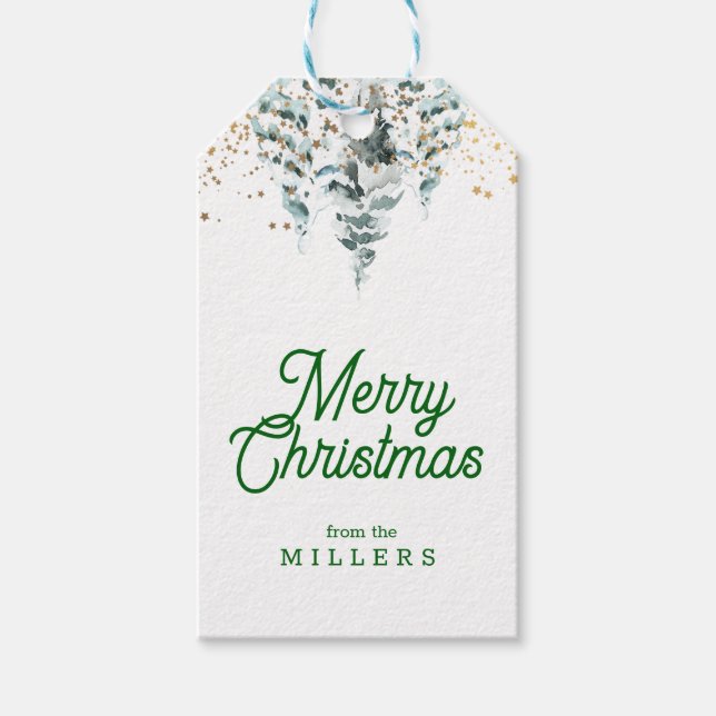 MERRY CHRISTMAS RETRO TYPOGRAPHY SNOWY BÄUME GESCHENKANHÄNGER (Vorderseite)