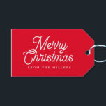 MERRY CHRISTMAS RETRO WEISSE TYPOGRAPHIE AUF RED GESCHENKANHÄNGER<br><div class="desc">Fröhliche Weihnachten kehrte Farben um,  Retrorot und weiß anpassbare Typografie auf einem weißen und roten Hintergrund.</div>