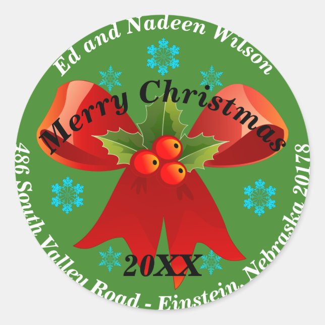 Merry Christmas Ribbon Custom Return Address Label Runder Aufkleber (Vorderseite)