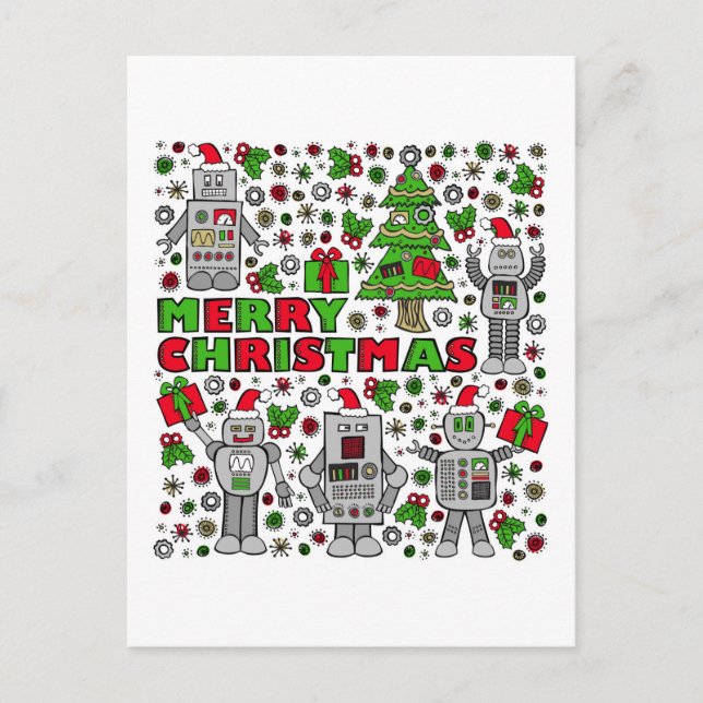 Merry Christmas Robots Feiertagspostkarte (Vorderseite)