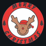 Merry Christmas Rudolf Rentier mit baum Runder Aufkleber<br><div class="desc">Merry Christmas mit dem Rentier. Merry Christmas with the Reindeer.</div>