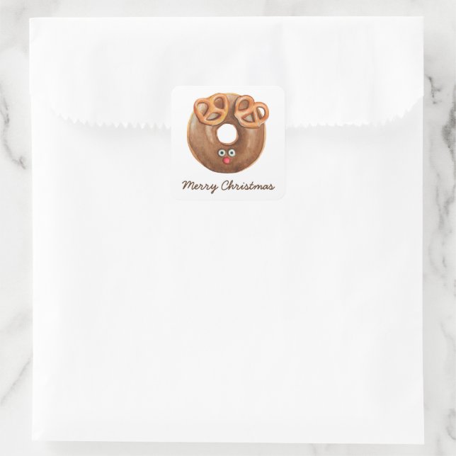 Merry Christmas Rudolph Reindeer Donut Quadratischer Aufkleber (Tasche)
