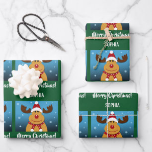 Merry Christmas Rudolph Reindeer Personalisierter  Geschenkpapier Set