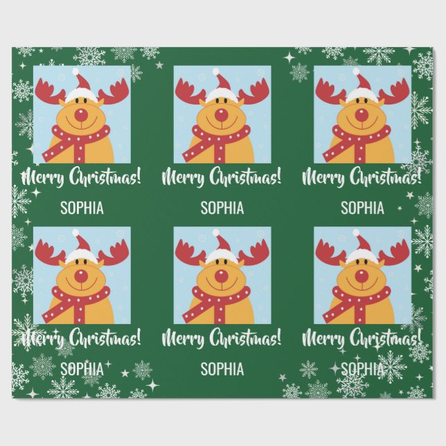 Merry Christmas Rudolph Reindeer Personalize Name Geschenkpapier (Flach)