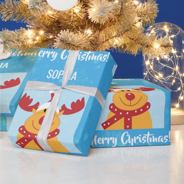 Merry Christmas Rudolph Reindeer Personalize Name Geschenkpapier (Feiertage)
