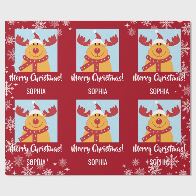 Merry Christmas Rudolph Reindeer Personalize Name Geschenkpapier (Flach)