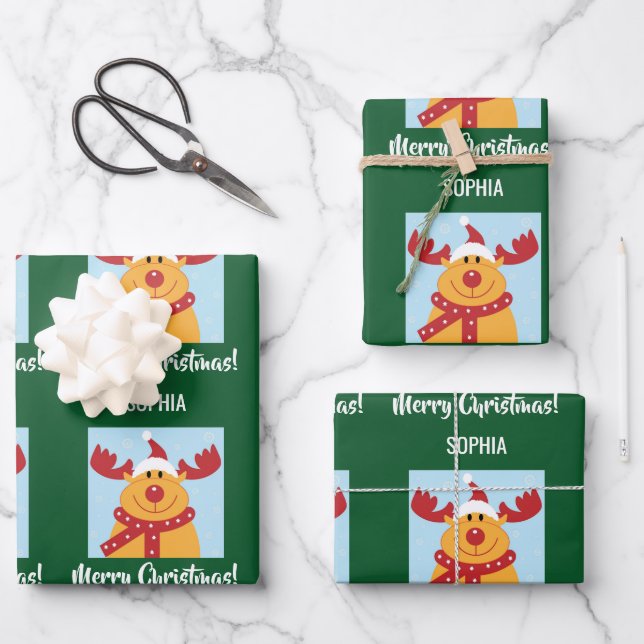 Merry Christmas Rudolph Reindeer Personalize Name Geschenkpapier Set (Vorderseite)