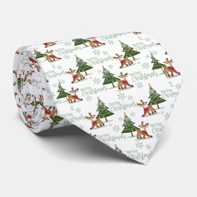 Merry Christmas Rudolph und Christmas Trees Krawatte (Gerollt)