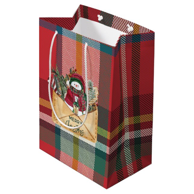 Merry Christmas Rustic Plaid Red and Green Mittlere Geschenktüte (Rückseite Schrägansicht)