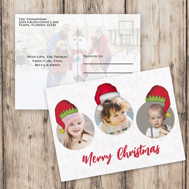 Merry Christmas Santa Claus Hat Feiertagspostkarte (Merry Christmas holiday three photo postcard template with circle photo template. )