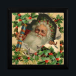 Merry Christmas Santa Claus Holly Erinnerungskiste<br><div class="desc">Eine klassische Vintage Weihnachtskarte mit Weihnachtsmann und Weihnachtskarte. Diese Weihnachtsillustrierung basiert auf einer altmodischen Weihnachtskarte aus der Viktorianischen Zeit des 18. Jahrhunderts,  mit einem klassischen Santa,  der uns anlächelt.</div>