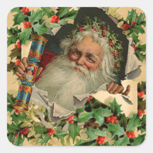 Merry Christmas Santa Claus Holly Quadratischer Aufkleber