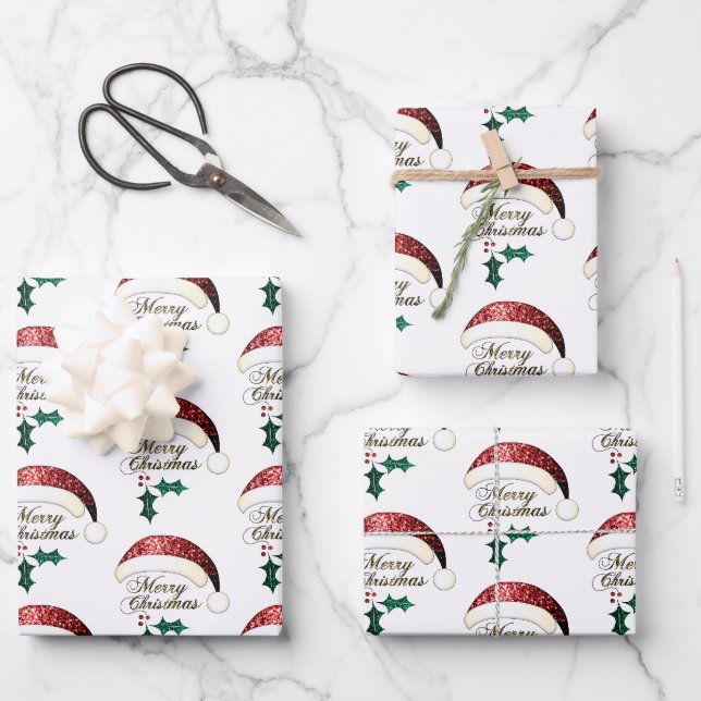 Merry Christmas Santa hat Red Gold Green Sparkles Geschenkpapier Set (Vorderseite)