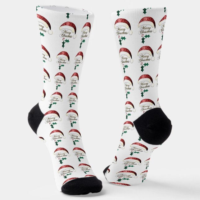Merry Christmas Santa hat Red Gold Green Sparkles Socken (Gewinkelt)