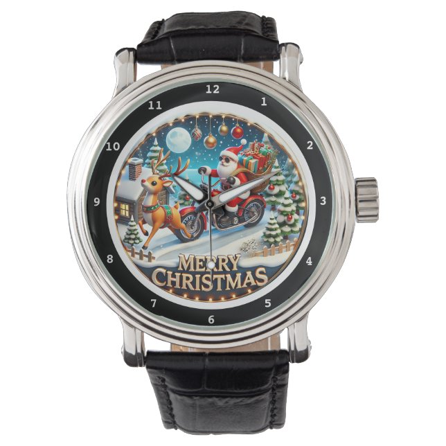 Merry Christmas Santa on Motorcycle  Armbanduhr (Vorderseite)
