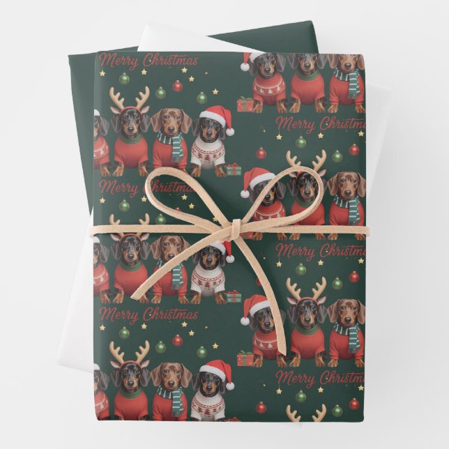 Merry Christmas Santa Reindeer Dachshund Weiner  Geschenkpapier Set (Beispiel)