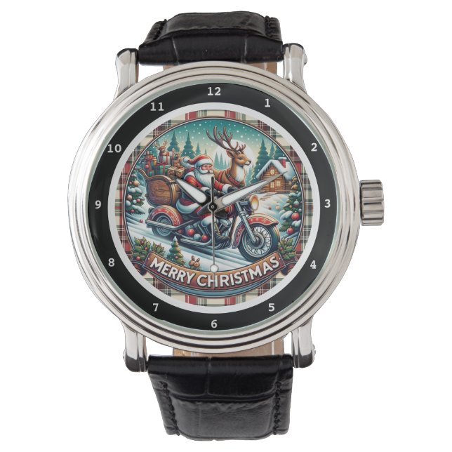 Merry Christmas Santa Reindeer Motorcycle  Armbanduhr (Vorderseite)