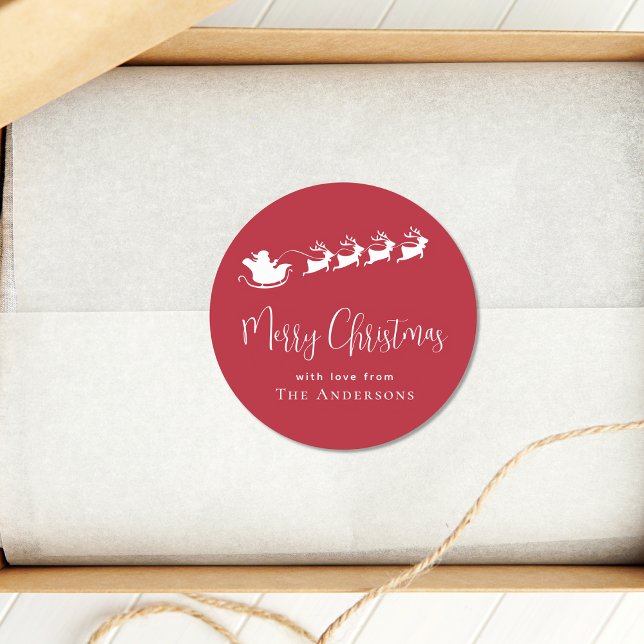 Merry Christmas Santa Reindeer Red Runder Aufkleber (Von Creator hochgeladen)