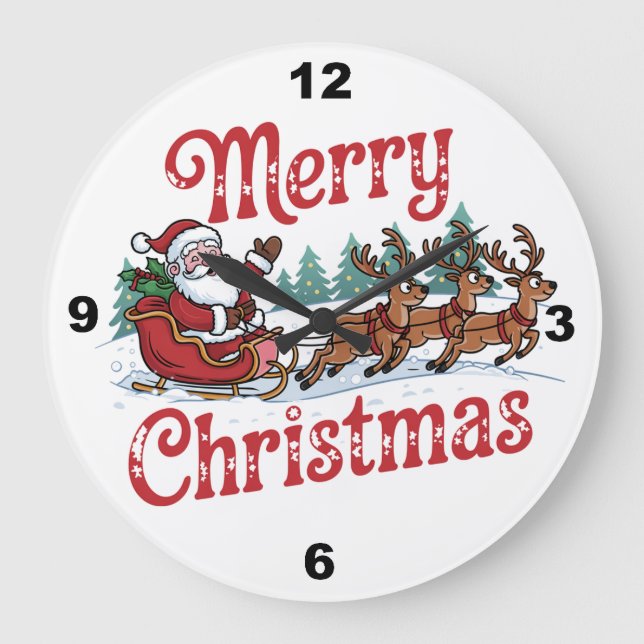 Merry Christmas Santa Sleigh Reindeer Große Wanduhr (Vorderseite)