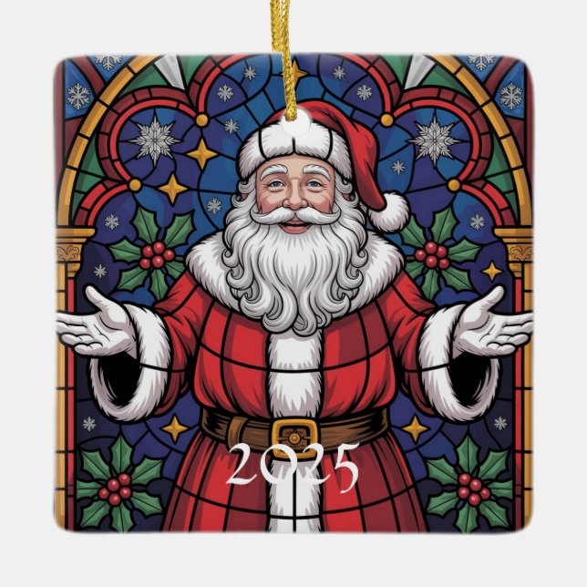Merry Christmas Santa Stained Glass Design Keramikornament (Vorderseite)