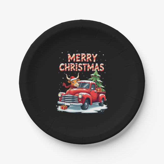 Merry Christmas Scottish Highland Cow Xmas Farm An Pappteller (Vorderseite)
