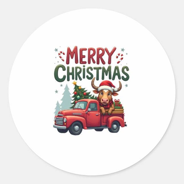 Merry Christmas Scottish Highland Cow Xmas Farm An Runder Aufkleber (Vorderseite)