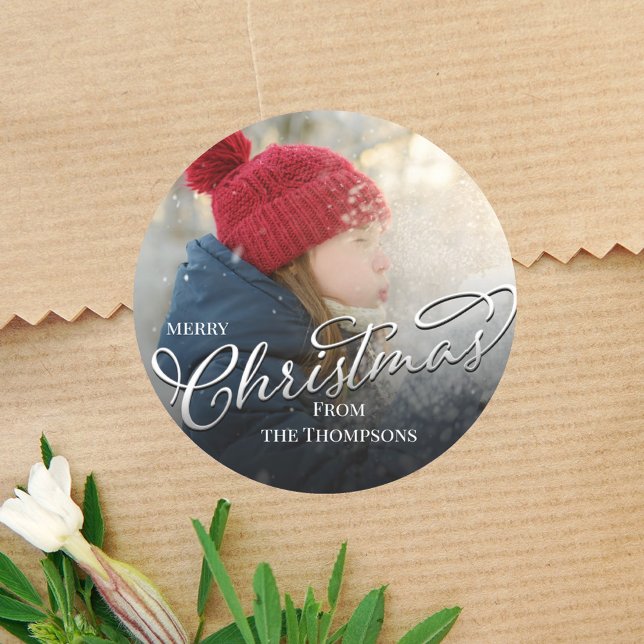 Merry Christmas Script Foto Custom Runder Aufkleber (Simple calligraphy script photo label with a simple full bleed photo template. )