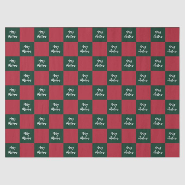 Merry Christmas Script Green and Red Checkerboard Seidenpapier (Vorderseite)