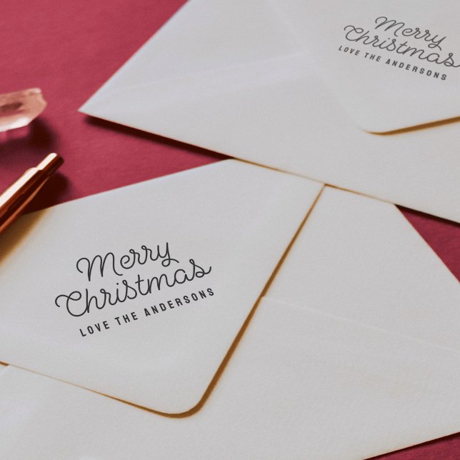 Merry Christmas Script Typografy Name Permastempel (Self Inking family name Merry Christmas retro script holiday rubber stamp )
