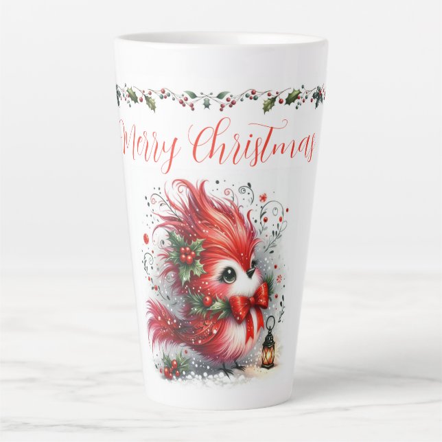 Merry Christmas Script with Whimsical Holiday Bird Milchtasse (Vorderseite)