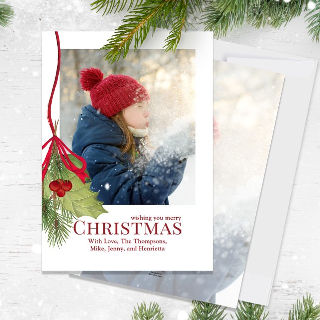 Merry Christmas Simple Photo Red Holly Berries  Feiertagskarte (Merry Christmas Holly red calligraphy script and greenery photo card.)