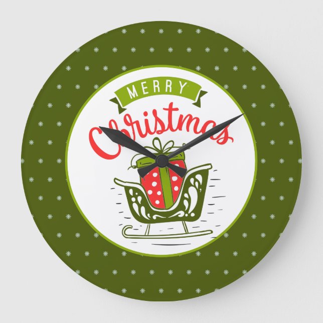 Merry Christmas Sleigh Red Green Snowflake Pattern Große Wanduhr (Vorderseite)