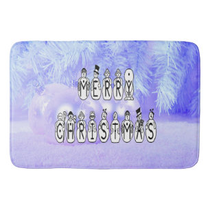 Merry Christmas Snow People Font Blue Tint Snow Badematte