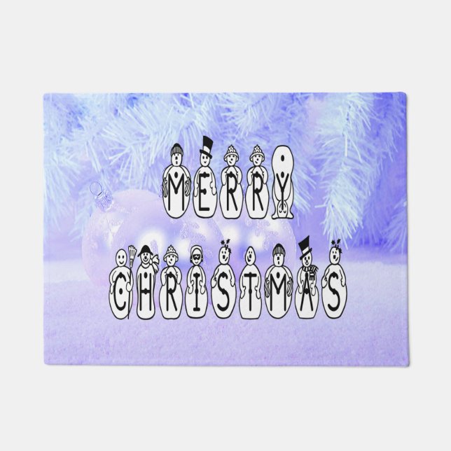 Merry Christmas Snow People Font Blue Tint Snow Fußmatte (Vorderseite)