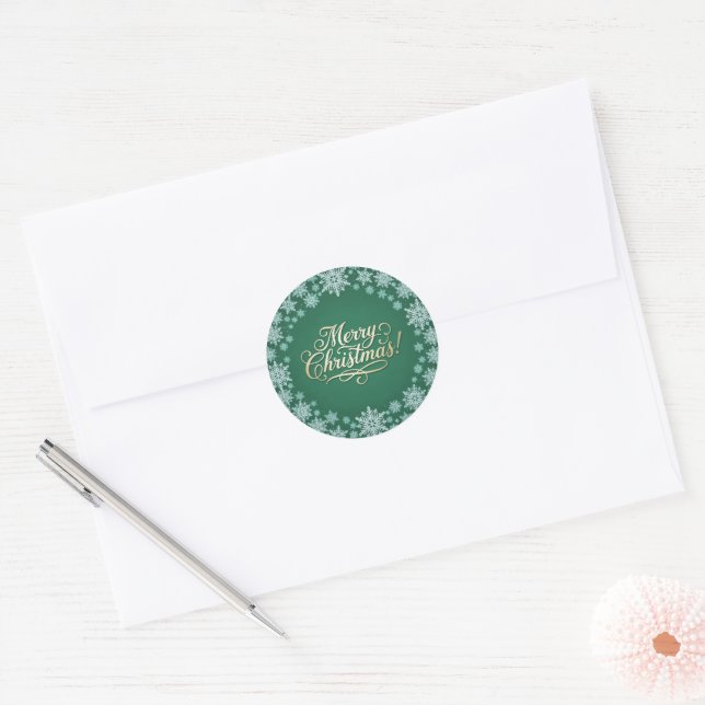 Merry Christmas Snowflakes Green  Runder Aufkleber (Umschlag)