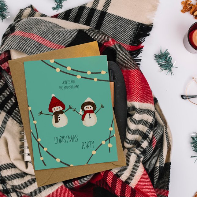 Merry Christmas Snowman Duo– Winter Lights on Teal Einladung (Von Creator hochgeladen)