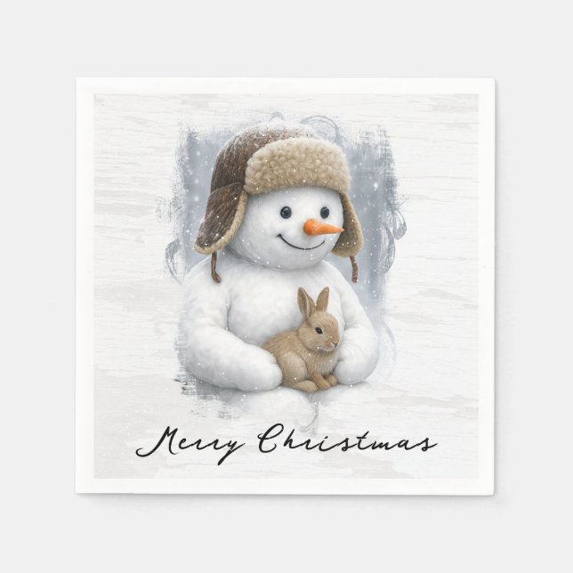 Merry Christmas Snowman With Bunny Serviette (Vorderseite)