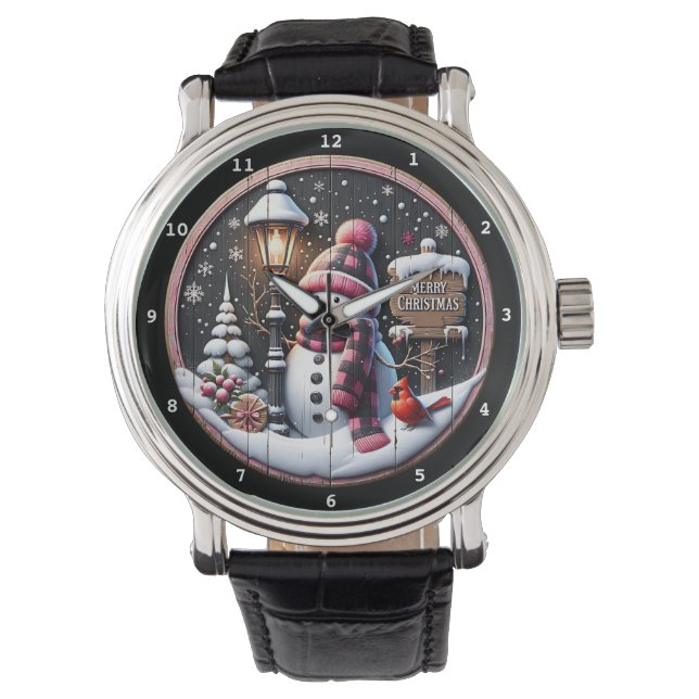 Merry Christmas Snowman with Cardinal Armbanduhr (Vorderseite)