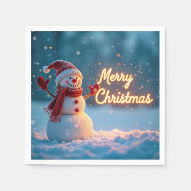 Merry Christmas Snowman with Neon Sign Serviette (Vorderseite)