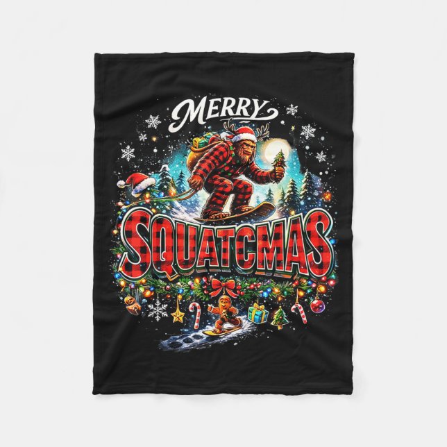 Merry Christmas Squatchmas Funny Bigfoot Snowboard Fleecedecke (Vorderseite)