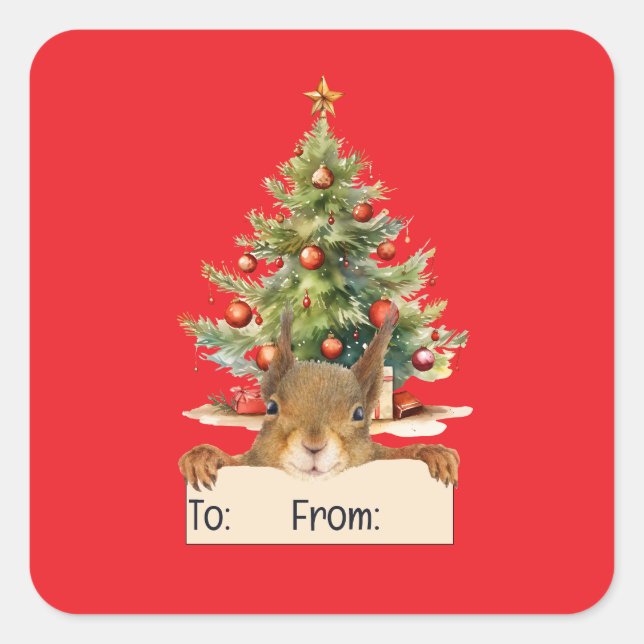 Merry Christmas Squirrel Christmas Tree To From Quadratischer Aufkleber (Vorderseite)